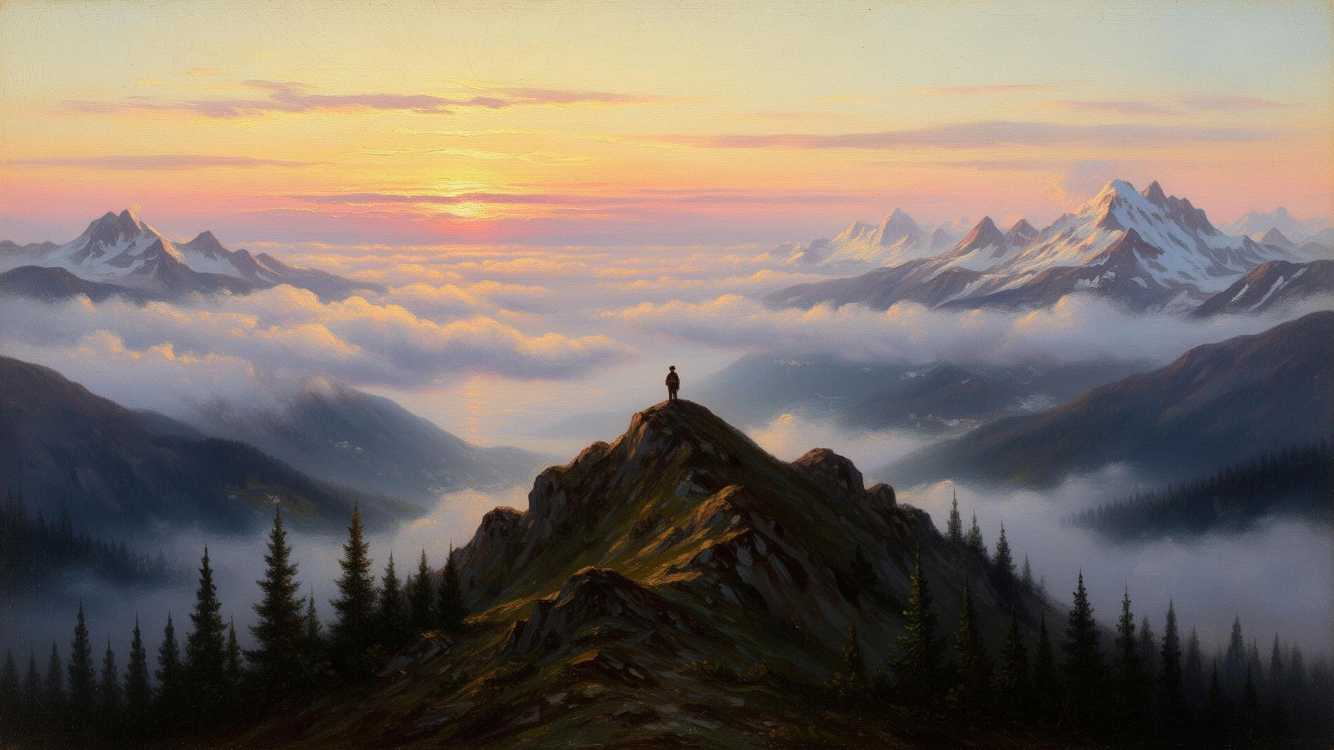 A lone figure on a mountain peak above a sea of cloud at sunrise