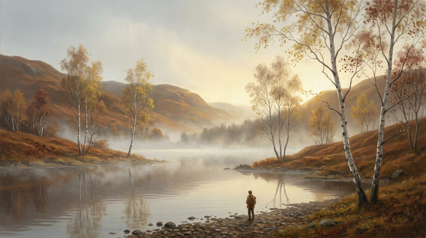 A still river in morning mist, birch trees standing along its banks