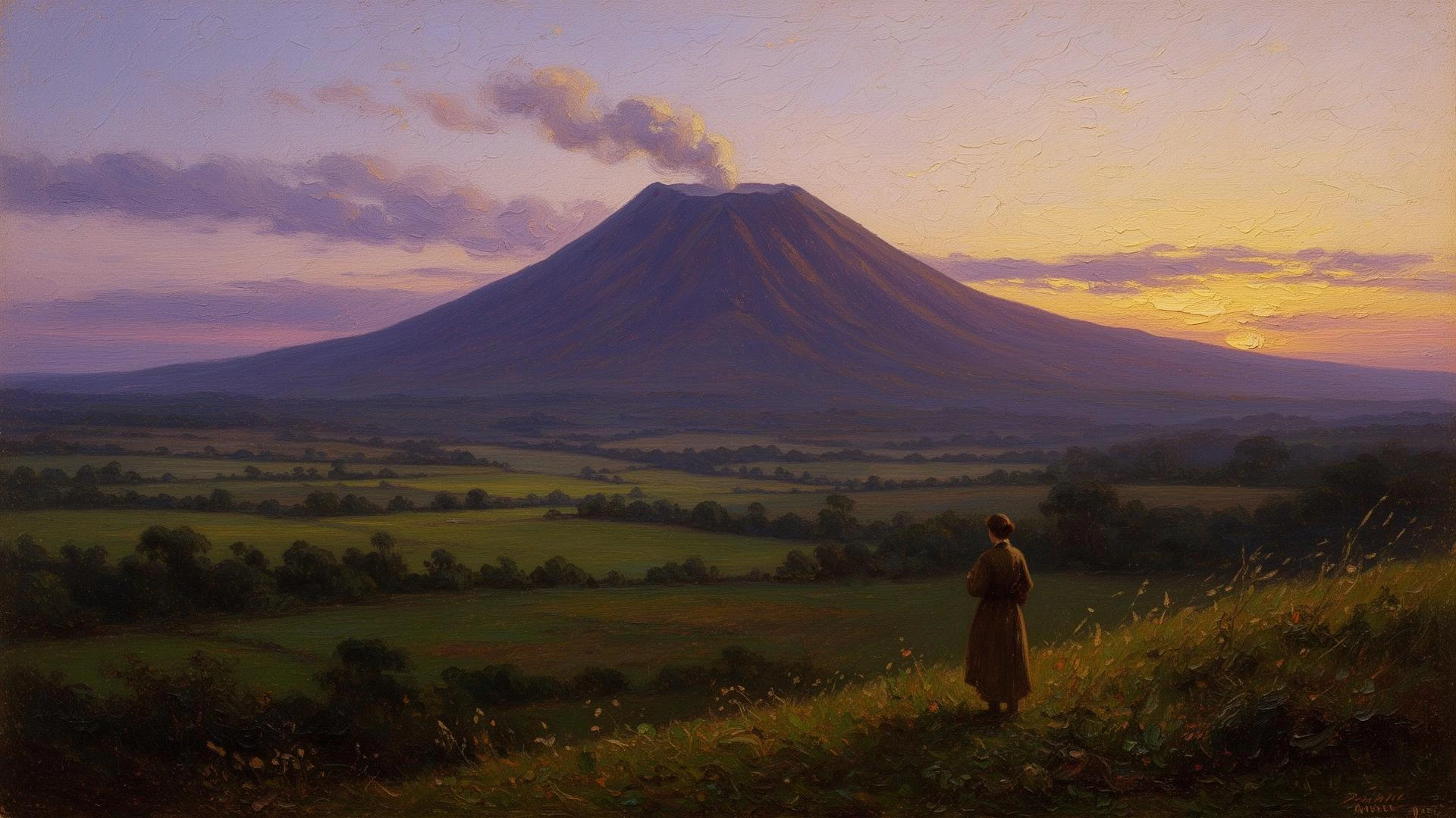 A volcano smoking at dusk over a plain, a lone figure watching
